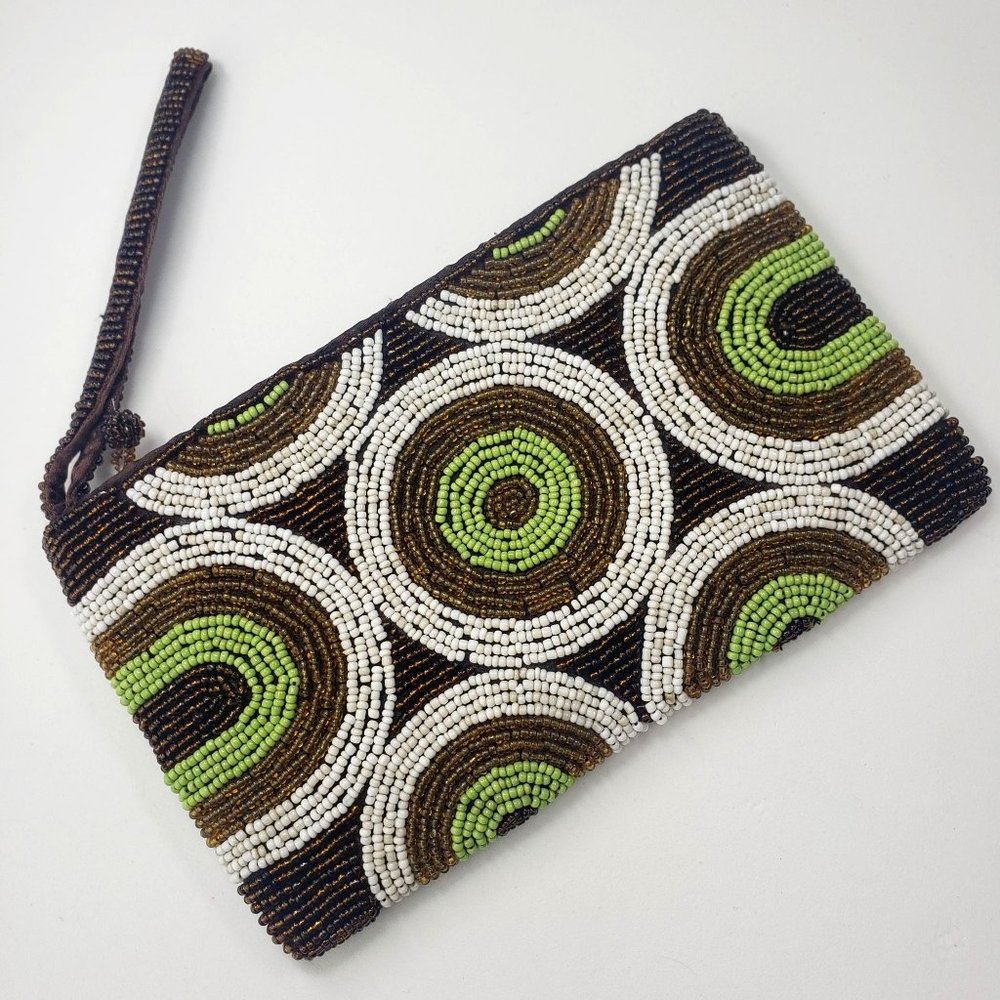 Vintage beaded zip clutch Retro brown, green, white circle motif handbag wallet